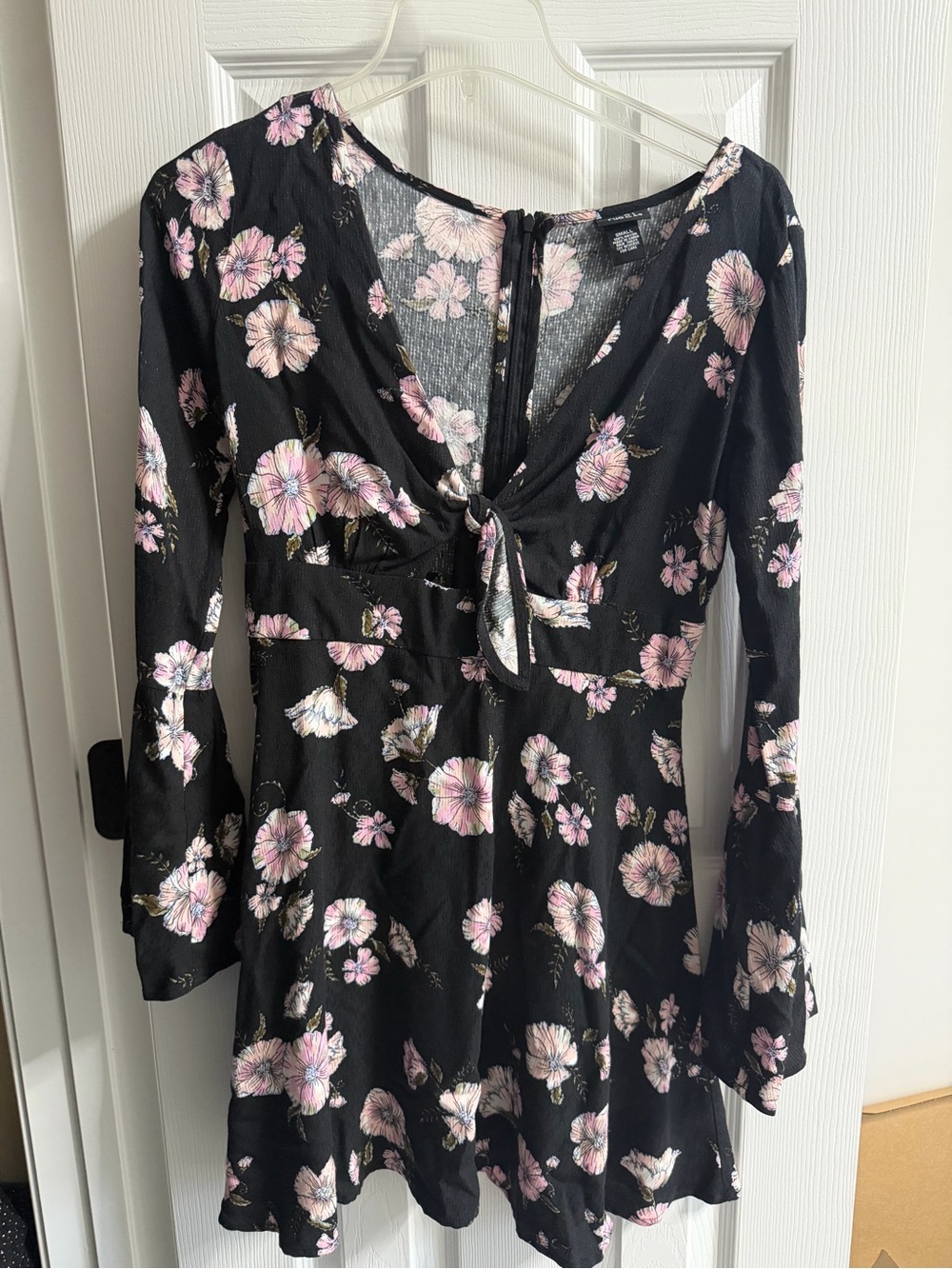 Rue21 Black Long-Sleeve Floral Tie-Front Dress with Pink Blossoms